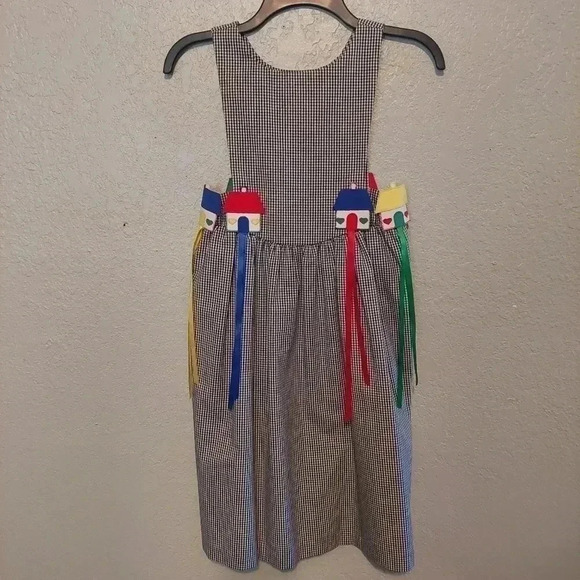 Chocolate Soup Girls Apron Style Dress Black Gingham Houses Ribbon Sz 8 Vintage - Picture 2 of 15